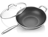 Hybrid Nonstick Wok, 12.5-Inch Stainless Steel Wok with Lid, Laser-Textured Wok Pan, PFOA-Free Woks & Stir-Fry Pans, Oven & Dishwasher safe, Induction Ready, Compatible for Gas Electric Glass Cooktops