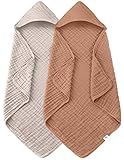 SWEET DOLPHIN Muslin Hooded Baby Bath Towels - 2 Pack 100% Cotton Towel for Babies, Infants, Toddlers - 32x32Inch - Highly Absorbent and Newborn Essential, Light Bean Paste