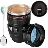 AMZHUB Camera Lens Coffee Mug,Travel Coffee Cup,Stainless Steel Lens Mug Thermos Camera Mugs with Lid and Spoon,Cool Gifts for Photographers Men and Women