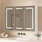 Hasuit Medicine Cabinet Organizer with Mirror, Lighted Bathroom Medicine Cabinet with Storage, 3 Doors Bathroom Wall Cabinet with LED Lights, Adjustable Shelves & Outlets, 31.5'' x 23.6'', White