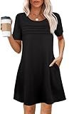 Womens Summer Dresses Casual Elegant Classy Short Sleeve Tshirt Midi Boho Dress for Women 2025 Trendy Fashion Sun Beach Vacation Clothes Spring Tunic Dress with Pockets Black Medium