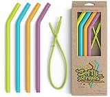 Softy Straws Wide Premium Reusable Silicone Drinking Straws + Patented Straw Squeegee - 9” Long With Curved Bend for 20 30 32 oz Tumblers Non Rubber, Flexible, Safe for Kids/Toddlers, Smoothie