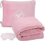ENZOLVE Travel Blanket Pillow,Airplane Blanket Compact with Bag Eye Mask, Ultra-Soft,Warm & Lightweight Included,Travel Essentials for Women & Men, Luggage Sleeve & Backpack Clip 65x40 in, Pink