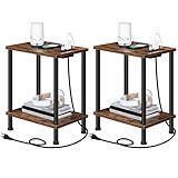HOOBRO Side Table with Charging Station, Set of 2 End Tables with USB Ports and Outlets, Nightstand with 2-Layer Storage Shelves for Small Spaces, Living Room, Bedroom, Rustic Brown BF09UBZP201
