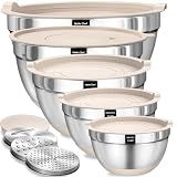 Umite Chef Mixing Bowls with Airtight Lids Set, 8PCS Stainless Steel Nesting Bowls with Grater Attachments, Non-Slip Bottoms, 5, 4, 3.5, 2, 1.5QT for Mixing & Serving