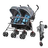 Dream On Me Volgo Twin Baby Stroller, Lightweight Side-by-Side Double Umbrella Stroller with Adjustable Canopy, 5-Point Harness, Storage Basket & Travel-Friendly Fold – Blue and Dark Grey