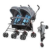 Dream On Me Volgo Twin Umbrella Stroller in Blue Lightweight and Compact Double Stroller for Toddlers, Reclining Seats, Adjustable Canopies, Easy Fold, Travel Friendly and Easy to Maneuver