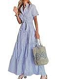 utcoco Womens Casual Short Sleeve Button Down Tie Waist Ruffled Striped Maxi Shirt Dress (Medium, Blue)
