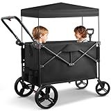 Wagon Stroller for 2 Kids, Baby Wagon Outdoor with Canopy, Collapsible with 5-Point Harnesses, Adjustable Handle & Pull Bar for Infants and Toddlers