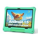 Kids Tablet, 10.1 Inch Android 15 Tablet for Kids, 12GB+64GB, Octa-Core, 6000mAh Battery, WiFi 6, Pre-Installed Kids Apps, Parental Control, with EVA Protective Case – Ideal Gift for Toddler (Green)