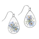 JeanBeau Handmade Pressed Flower Earrings for Women, Forget-Me-Not Queen Anne's Lace Wildflower Blue Nature Dried Flowers Silver Teardrop Dangle Drop Statement Floral Earings Jewelry Gift