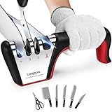 Longzon 4-in-1 Knife Sharpener [4 Stage] with a Pair of Cut-Resistant Glove,Original Premium Polish Blades, Best Kitchen Knife Sharpener Works for Fruit and Steel Knives, Scissors(Black+Red)