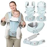 BabbleRoo 6-in-1 Baby Carrier with Hip Seat, Ergonomic, Cozy & Adjustable Toddler Carrier 7-50 lbs with Hip & Lumbar Support, Hood for Sun Protection, Baby Carrier Newborn to Toddler, Seafoam