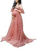 Maternity Photography Props Floral Lace Dress Fancy Pregnancy Gown for Baby Shower Photo Shoot (L, Pink Carnation)