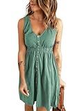 Acelitt Womens Ladies Casual Summer 2025 Fashion V Neck Sleeveless Button Down Dresses Elastic Waist Pleated Mini A-Line Swing Dress Green Medium