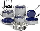 14PC Pots and Pans Set Non Stick Silver Gray, Ceramic Cookware Set, 9H Diamond-Reinforced, Forged Aluminum Fast Even Heating, PFAS-Free, Stay-Cool Stainless Handles, Induction, Oven & Dishwasher Safe