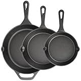 Cast Iron Skillet 3-Piece Set, 6", 8", 10" Frying Pans, Heavy-Duty Pre-Seasoned Pan Cookware Set, For Frying, Saute, Cooking, Pizza & More, Black