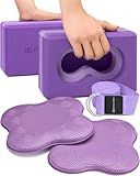Deep-Zen® Yoga Blocks Wrist Support; Yoga Blocks 2 Pack with Knee Pads and Strap to Put Less Weight on Wrists; Durable, Versatile Yoga Brick Exercise Block Set, Blocks Yoga, Purple