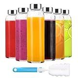 Luxfuel Clear Glass Bottles with Lids 18 oz, Reusable Glass Water Bottles with Stainless Steel Cap for Juicing, Refrigerator,100% Leak Proof, BPA Free, Juice Water Bottle Set of 6