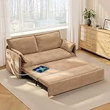 GRAINLLE Pull Out Sofa Bed Side Storage,Loveseat Convertible Sleeper Sofa Bed with USB,Pull Out Couch,2 Pillows,Corduroy Sleeper Couch for Living Room,Apartment,Pet-Friendly (Khaki, 59.5'')