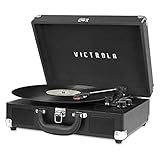 Victrola Journey Bluetooth Portable Suitcase Record Player – with Built-in Speakers, 3 Speed Vinyl Record Player, RCA Out, Headphone Jack (Black)