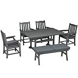 Outsunny 6 Pieces Patio Dining Set, 6 Seater Outdoor Table and Chairs, Conversation Furniture, Armrests, Loveseat Bench, Dinner Table with Umbrella Hole, Cushions, Dark Gray