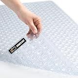 GORILLA GRIP Patented Bath Tub Shower Mat, Machine Washable Bathtub Floor Liner Mats, Suction Cups and Drain Holes to Keep Tubs Clean, Soft on Feet, Bathroom Essentials, 35x16 Inch, Clear