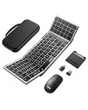 Ghajz Portable Foldable Keyboard and Mouse Combo, Bluetooth×2+USB A+USB C(4 in 1) Connection, Keyboard Lock, Full Size Folding Wireless Rechargeable Silent Design for Travel/Home/Office-Black Gray