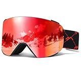 JQF Gear Ski Goggles Over Glasses Snow/Snowboard Goggles OTG Magnetic Full Revo for Men Women Adult UV Protection (Black Frame REV Red)