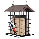iBorn Suet Feeder for Outside Hanging,Suet Bird Feeders for Outdoors,Suet Holder With Squirrel Proof Hanger Hook,Suet Cage Bird Feeder,Woodpecker Feeder,Weatherproof Metal Roof,All Metal,1 Pack,Coffee
