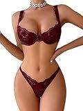 Lilosy Sexy Floral Lace Scallop Underwire Push Up Sheer Lingerie Set Outfits Women See Through Match Thong Bra and Panty 2 Piece Wine Red Medium