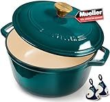 Mueller DuraCast 6 Quart Enameled Cast Iron Dutch Oven Pot with Lid, Sourdough Bread Baking, PFOA-Free, 500°F Oven Safe - All Cooktops incl. Induction, Braising & Slow Cooking, Emerald