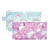 Bumkins Reusable Snack Bags, for Kids School Lunch and for Adults Portion, Washable Fabric, Waterproof Cloth Zip Bag, Supplies Travel Pouch, Food-Safe, 2-pk Unicorns and Rainbows