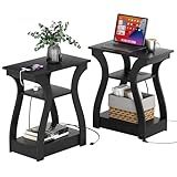 FROMJBEST Black End Table Set of 2 with Charging Station, Side Table with USB Ports and Outlets, Black Nightstand, 3 Tier End Table with Storage Shelf for Living Room, Bedroom