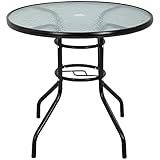 32in Outdoor Table Patio Dining Table Outdoor Dining Table with Umbrella Hole Round Tempered Glass for Yard Bistro Lawn Balcony