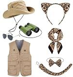 Benwanfee 8Pcs Safari Costumes for Couple Cheetah and Safari Tourist Couple Cosplay Accessories Outdoor Adventure Outfit Zoo-Keeper Costume for Men Women Friends Halloween Cosplay Dress up Party