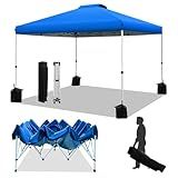 WEIZE Pop up Canopy Tent 10x10ft, 1-Button Push Setup, Instant Portable Shelter, Adjustable Height, Portable Roller Bag, 4 Weight Bags, Guy Ropes & Stakes Included Blue