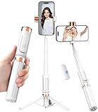 Kinwald Phone Tripod Stand with Bluetooth Remote, Selfie Stick for iPhone & Android, One-Click Open Portable Lightweight Tripod for Vlog Travel Photography (White)