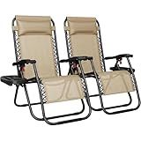 Yaheetech Zero Gravity Recliners Outdoor Adjustable Folding Reclining Lounge Chairs w/Pillows, Cup Holder Trays and Carry Strap for Patio Backyard Beach Beige Set of 2