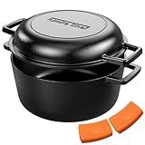 Cast Iron Dutch Oven Pot with Skillet Lid – Pre-Seasoned – Skillet Lid Cooking Pan– PFAS-Free –Umite Chef Cast Iron Skillet Cookware for Bread, Frying, Baking – Dual Handles – Oven, Grill, Campfire & Stovetop Safe – Durable & Non-Toxic, 5QT