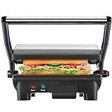 Chefman Electric Panini Press Grill, Compact 2-Slice Sandwich Maker, Non-Stick Coated Plates, Opens 180 Degrees, Dishwasher Safe, Removable Drip Tray, Stainless Steel/Black
