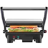 Chefman Electric Panini Press Grill, Compact 2-Slice Sandwich Maker, Non-Stick Coated Plates, Opens 180 Degrees, Dishwasher Safe, Removable Drip Tray, Stainless Steel/Black