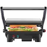 Chefman Electric Panini Press Grill, Compact 2-Slice Sandwich Maker, Non-Stick Coated Plates, Opens 180 Degrees, Dishwasher Safe, Removable Drip Tray, Stainless Steel/Black
