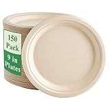 Vplus 150 Pack Compostable Bagasse Paper Plates 9 inch, Nature