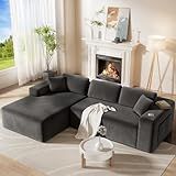 CAMMOO 108” Cloud Sectional Couch in One Box, Compressed Modular Sectional Sofa with Deep Seat, Corduroy Boneless Couches, L-Shaped Sofa for Living Room, 4 Storage Pockets(Left Facing Chaise, Grey)