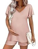 Ekouaer Maternity Pajamas Set 2 Piece Outfits Flowing Short Sleeve Postpartum Pajama for Hospital V Neck Pregnancy Clothes Misty Pink Large