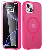 LATVIN for iPhone 14 Case & iPhone 13 Case, with 1 Screen Protector, Matte Magnetic Phone Cover [Support for MagSafe] [Shockproof Military Grade Protection] Translucent Frosted Back, Hot Pink
