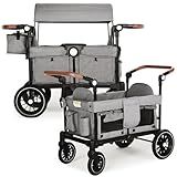 TODEFULL Wagon Stroller for 2 Kids, Foldable Kids Wagon Cart Featuring with Harnesses, Adjustable Double Push Handle, Removable Canopy, Snack Tray, Large Storage Bag, Gray