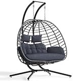 SWITTE Double Egg Chair Outdoor with Stand, Patio Hanging Swing, Grey
