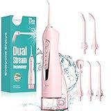 COSLUS Water Dental Flosser Teeth Pick C20(F5020E): Portable Cordless Oral Irrigator 300ML Rechargeable Travel Irrigation Cleaner IPX7 Waterproof Electric Flossing Machine for Teeth Cleaning, Pink